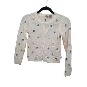 VTG MC Kids Y2K 90s Handmade Cream Knit Cardigan Floral Embroidery Kids 5 Small